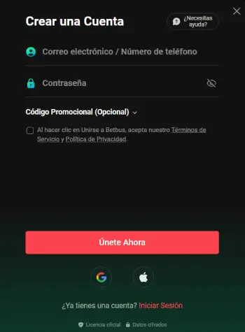 Ventana Crear una Cuenta Betbus: correo o telefono, contrasena, codigo de bono opcional, Unete Ahora y acceso con Google o Apple
